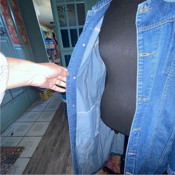 New women’s classic 5 button 4 pockets denim jean jacket in a duster sz L - Picture 13 of 14